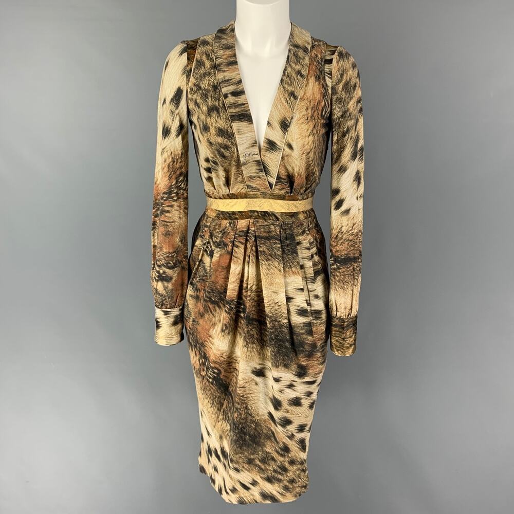 JUST CAVALLI Size 2 Beige Brown Viscose Blend Marbled Long Sleeve Dress